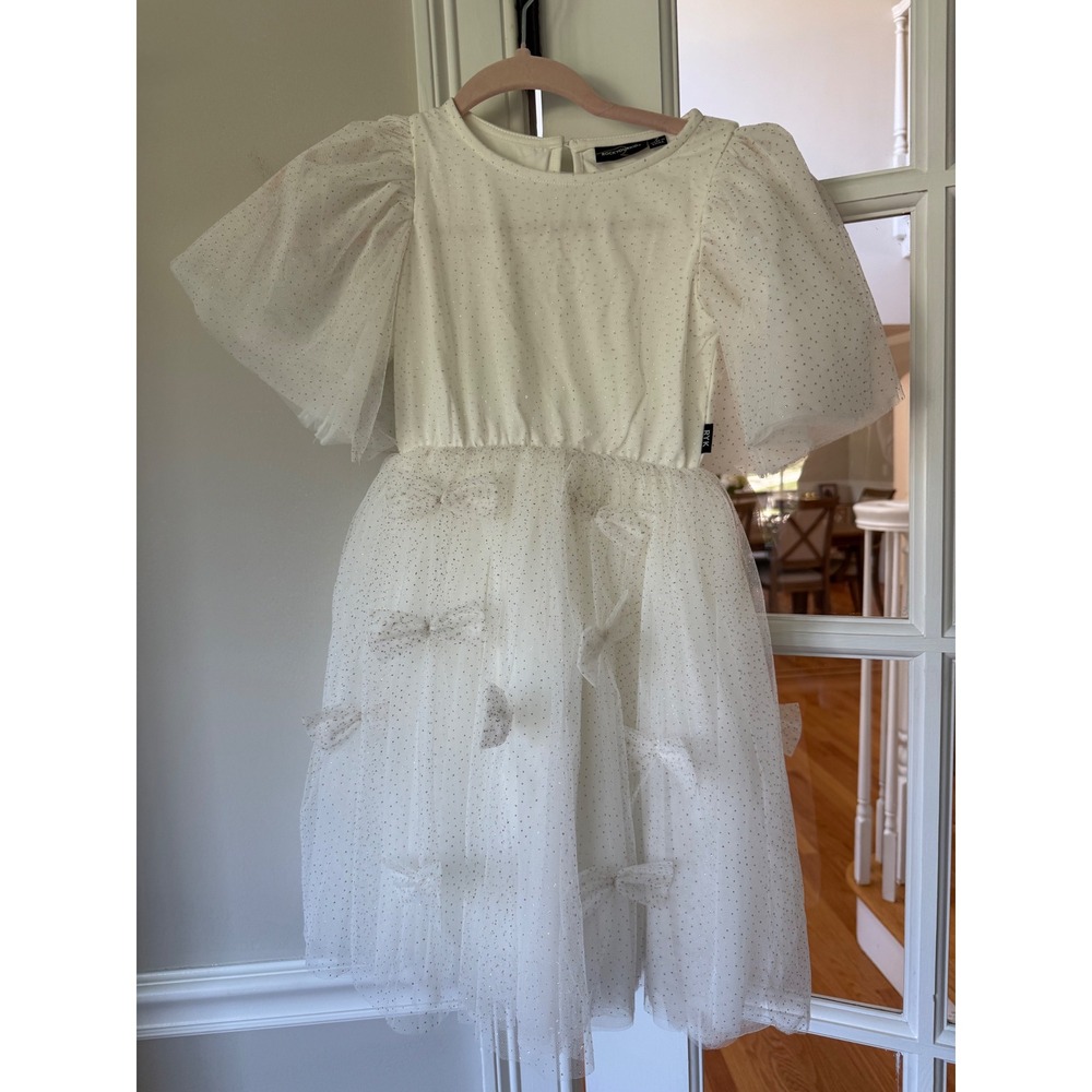 Rock Your Kid Girls White Gold Glitter Tulle Bow Dress Puff Sleeve Size 7 NWOT